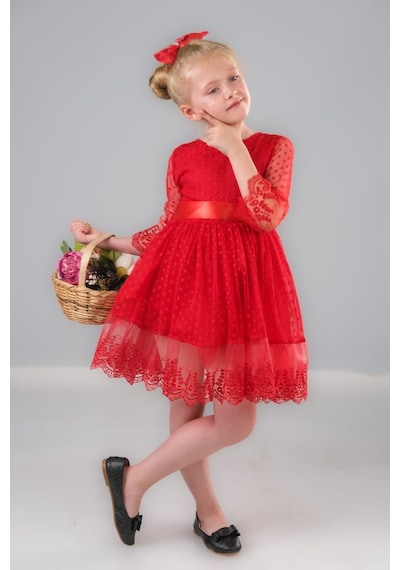 Mnk Baby & Kids Dream Luxury Dantel Kız Çocuk Elbise Mnk0327 Kırmızı
