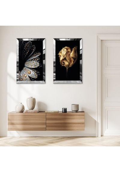 Gümüş Aynalı Pleksi Çerçeveli Gold Ve Gri Çiçek Ve Gold Su Damlacığı İkili Mdf Tablo Seti