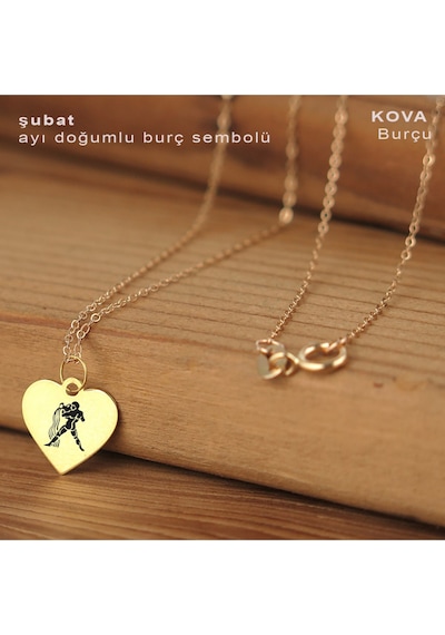 Kova Burçlarına Kalp Motifli Zincirli 14 Ayar Altın Plakalı Hediyelik Kolye-352burç Kova