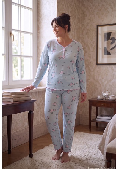 Seboteks Fitilli Kaşkorse Kumaş Uzun Kollu Büyük Beden Kadın Pijama Takımı 2990 Mavi