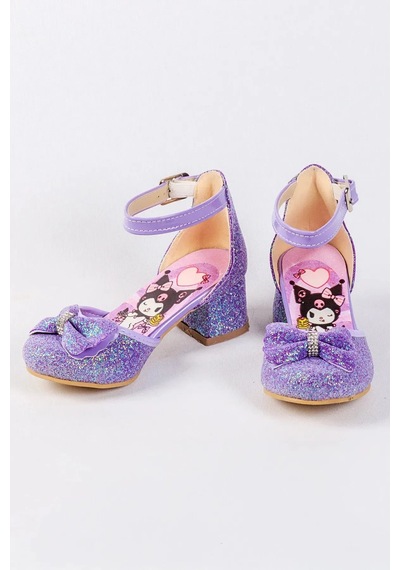 Nese Shoes Kız Çocuk Topuklu Ayakkabı, Karakter Baskılı Simli Fiyonklu Abiye Mor