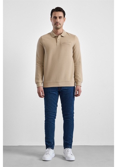 Süvari Bej Regular Düz Fermuarlı Polo Yaka Sweatshirt Sw2013700028-bj3