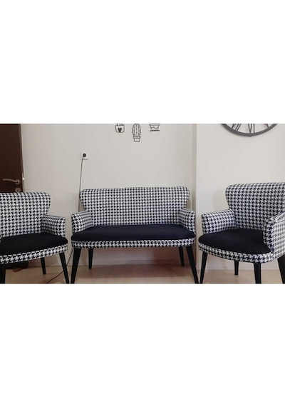 Azra Mobilya Çay Seti Oturma Grubu Oturma Takımı Iskelet Ahşap Mobilya Takımı Balkon Bahçe Mobilyası Desen Kaz Ayağı - Siyah - Beyaz