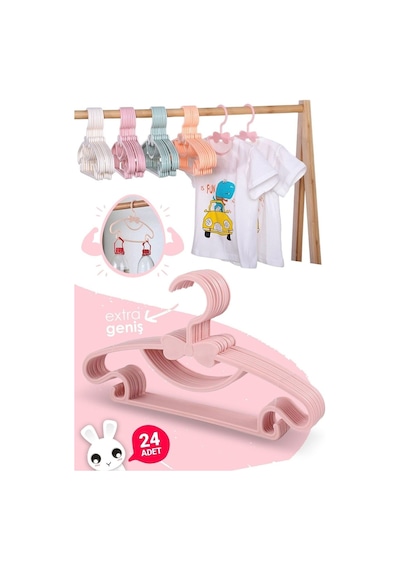 Morpanya Sweet 24 Adet Pembe Bebek Elbise Askısı Fiyonklu Bebek Çocuk Kıya Pembe