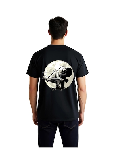 Paybuy Erkek Astronot Kaykay Ay Tasarım Baskılı Kısa Kollu Rahat Kesim T Siyah