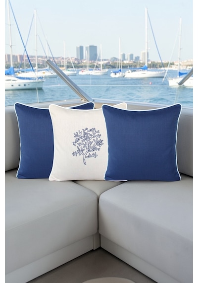 Kırlent Kılıfı 45x45 3'lü Marin Set Nakışlı + Düz Su İtici Outdoor Keten Tekne Bahçe Krem - Lacivert