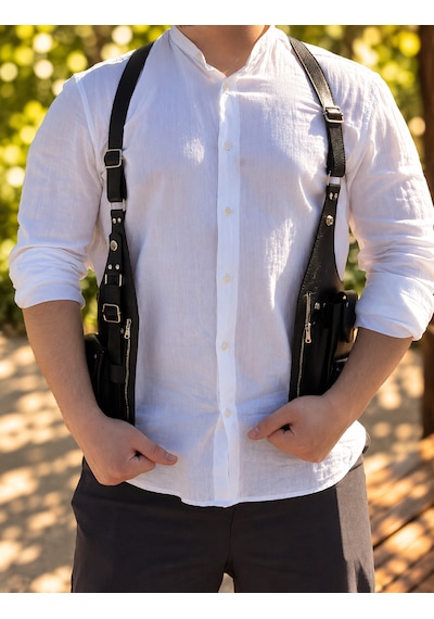 Hemlabel Hakiki Deri Erkek Göğüs Çantası Edc Holster Telefonluk Kişiye Özel El Yapımı Siyah