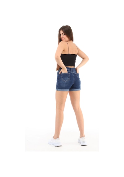 Cedy Denim Kadın Yüksek Bel Duble Paça Kot Şort Klasik Mini Jean Şort C604 Lacivert