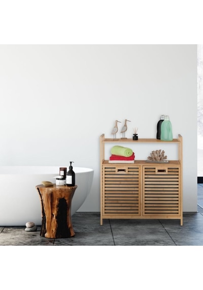 Bambu 2 Bölmeli Kirli Çamaşır Sepeti 2 Raflı Banyo Düzenleyici Dolap Banyo Dolabı Bambu