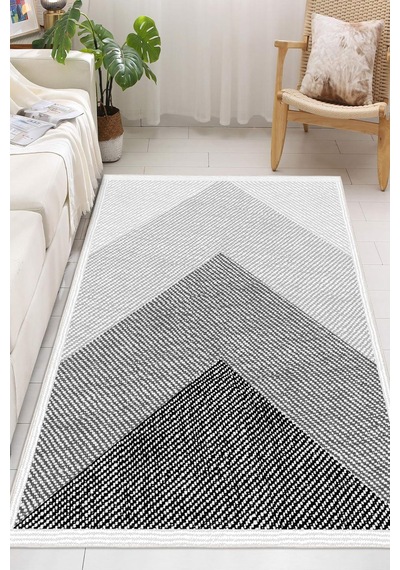 Geometrik Desenli Dijital Baskılı Kaymaz Taban Yıkanabilir Halı gri