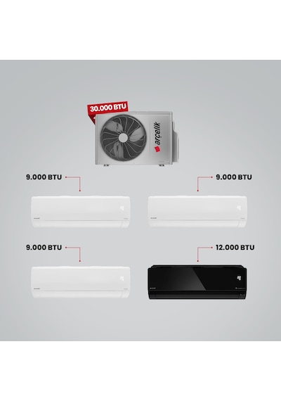 Arçelik 1+4 Multi Sistem 30100 MD Pro Dış Ünite 3 Adet 9.000 BTU Beyaz İç Ünite + 12.000 BTU Siyah İç Ünite Duvar Tipi Klima