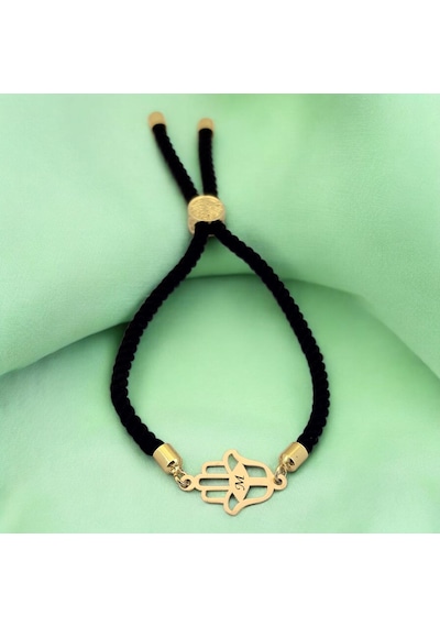 M Harfine Özel Siyah İpek Örgülü Hamsa Motifli 14 Ayar Altın Plakalı Hediye Bileklik-509harf M