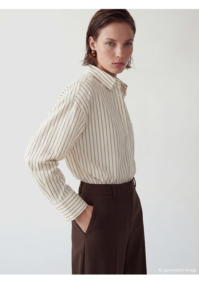 Lcw Vision Ekru Çizgili Oversize Poplin Kadın Gömlek