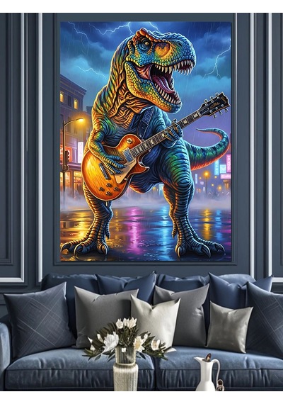 Ahşap Tablo Gitar Çalan Dinozor Rockçı