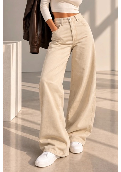 Bb Butik Basic Yüksek Bel Baggy Palazzo Pantolon Dm3535 Bej