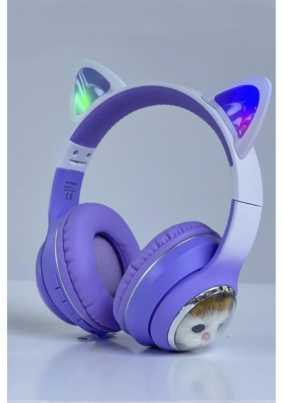 Hd11 Mor Sevimli Kedi Karikatür Kulak Led Işıklı 5.3 Bluetooth Kulak Üstü Kulaklık