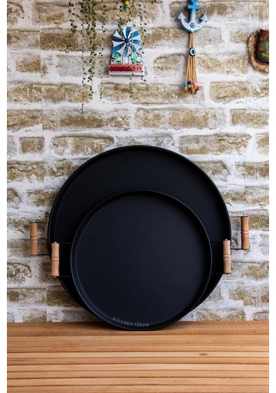 2'li Ahşap Kulplu 45 Cm Metal Tepsi Ve 37 Cm Siyah Tepsi Çay Kahve Sunum Tepsisi Siyah