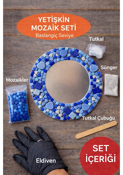 30x20cm Yuvarlak Pleksi Aynalı Yetişkin Mozaik Set Başlangıç Seviye Mavi Tonlar