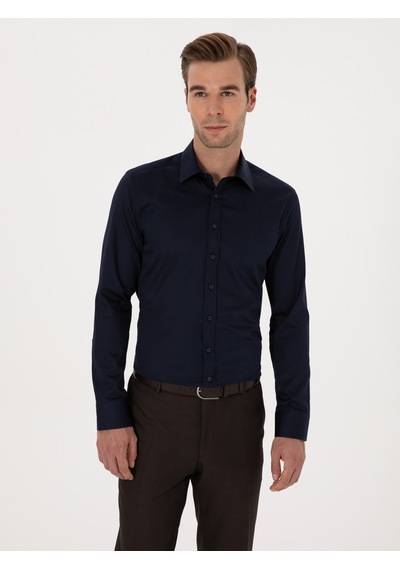 Cacharel Lacivert Slim Fit %100 Pamuk Klasik Gömlek
