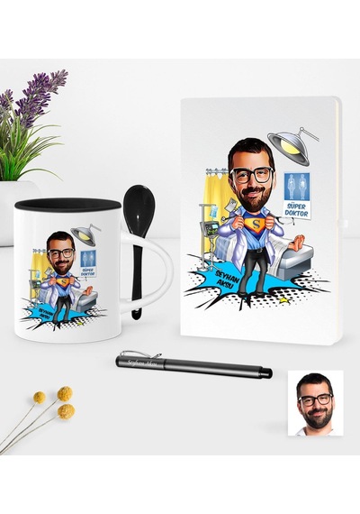 Kişiye Özel Bay Doktor Karikatürlü Beyaz Defter Kalem Kaşıklı Kupa Seti - 1