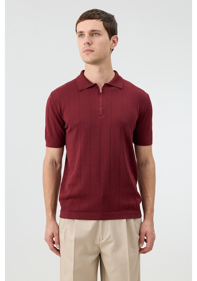 Antioch Fermuar Yaka Çizgili Triko Erkek T-shirt Koyu Bordo
