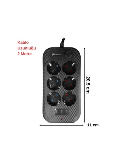 Techmaster 3 Usb Akım Çocuk Korumalı 6lı Priz 2mt Kablo