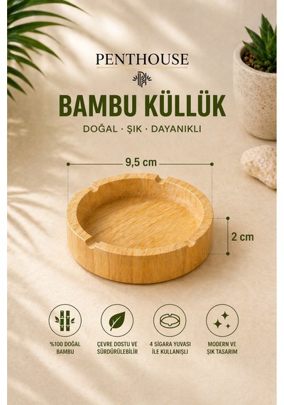 Yuvarlak Doğal Bambu Küllük 4 Yuvalı Dayanıklı Ve Şık Masaüstü Küllük 9,5 Cm