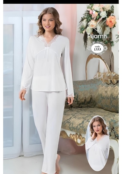 Pijamis 1333 Pamuk Uzun Kol Kadın Pijama Takımı Kutulu Ekru