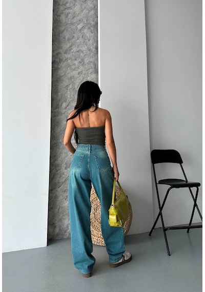 Kazax Baggy Taş Enzim Bıyık Yıkama Jeans Pantolon Yeşil Tint D2007 Yeşil