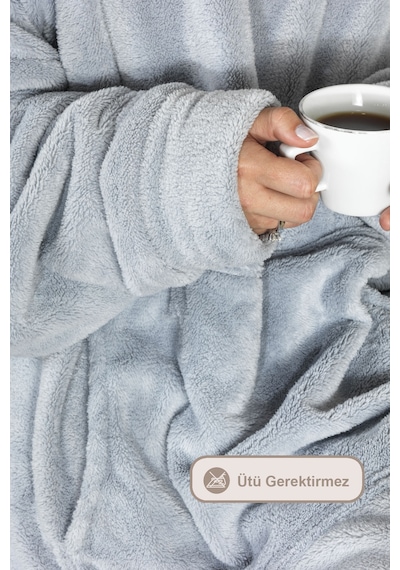 Elart Enjoy Tv Battaniyesi Wellsoft Kapüşonlu Giyilebilir Unisex Over Size 80x110 Cm Gri Gri