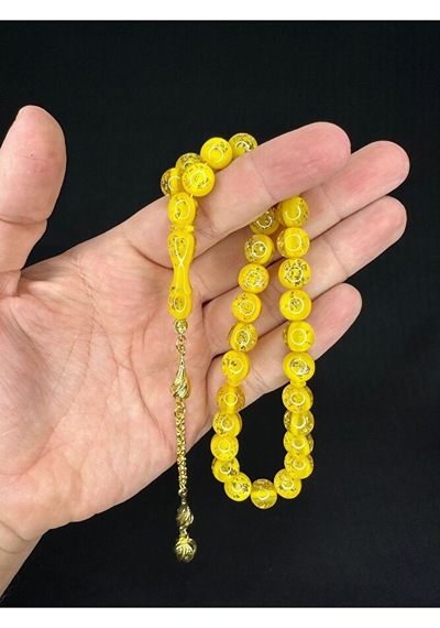 Altın Varaklı Uçak Camı Tesbih Küre Kesim 10mm Sarı Renkli T-686