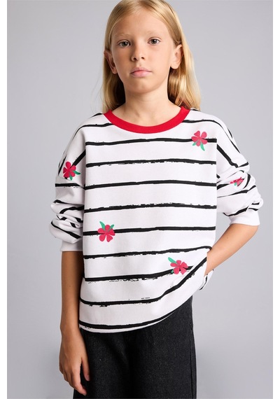 Defacto Relax Fit Çizgili Çiçekli Bisiklet Yaka Uzun Kollu Sweatshirt Kız Çocuk I4151a826auwt34 Beyaz-wt34