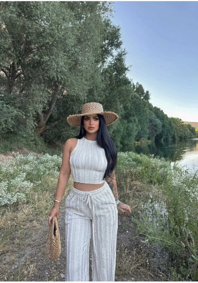 Evoa Kadın Bej Halter Yaka Crop & Bol Paça Pantolon Fırfır Detaylı Gagari Takım Bej Bej