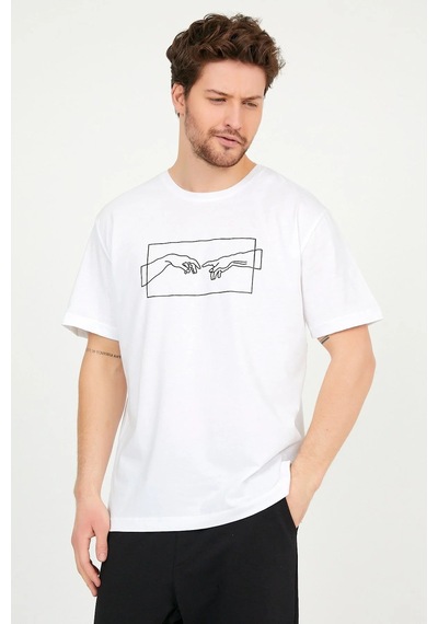 Startmore Unisex Çizim El Baskılı Oversize Garalio T-shirt Beyaz