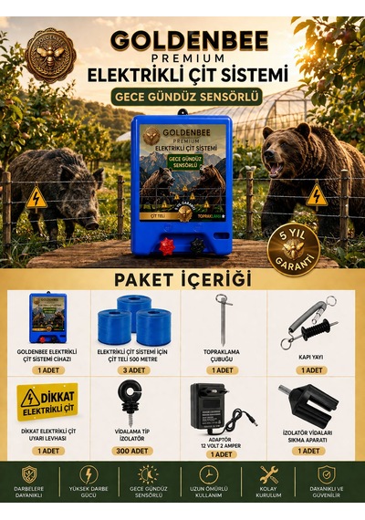 Goldenbee Start Kit Elektrikli Çit Sistemi Domuz Ve Ayı Kovucu 1500mt Adaptörlü Model Set-103