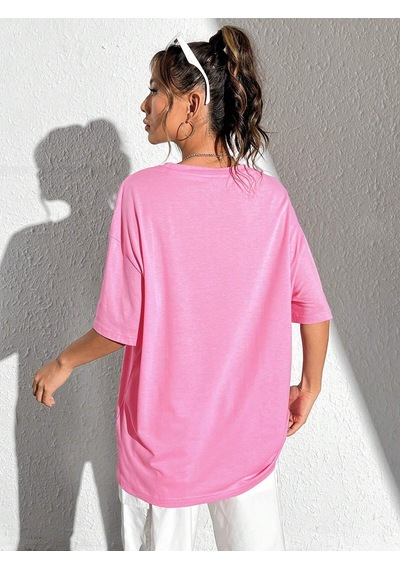 Noıssey Karikatür Ve Grafik Tasarım Oversize T-shirt Cartoon/letter Serisi Kod38 Pembe