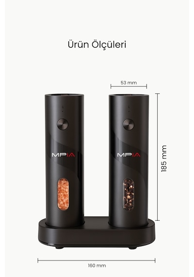 Mpıa Şarjlı Baharat Öğütücü 2 Li 110 Ml Led Paslanmaz Çelik Bıçak Tuz Karabiber Öğütücü Çok Renkli