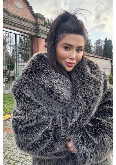 Açelyaokcu Premium Şal Yaka Mob Wife Suni Kürk Maxi Kadın Kaban Antrasit