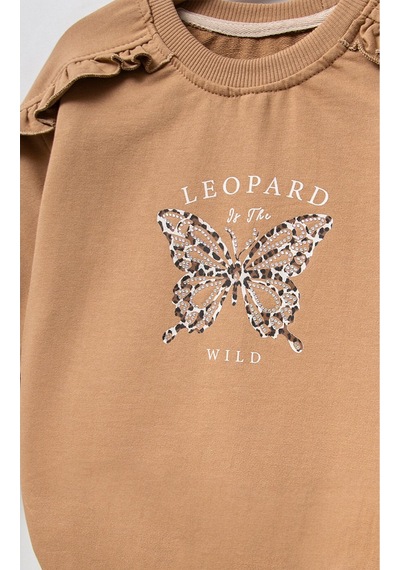 Overdo Kids Pamuklu Baskılı Uzun Kol Kız Çocuk Sweatshirt Kahverengi
