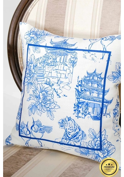 Festival Baskılı Kumaş Kreme Mavi Kırlent Kılıfı 45x45 Cm - 1439 45 x 45