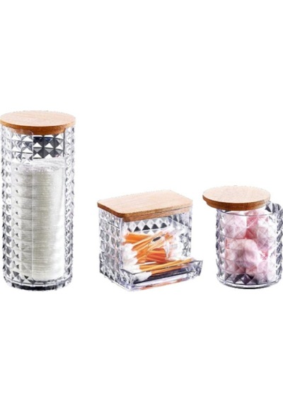 Ahşap Kapak Görünümlü 3'lü Makyaj Organizer Seti Diamond Model Şeffaf