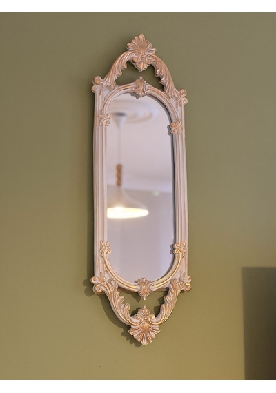 Kısa Oval Dekoratif Duvar Aynası Beyaz & Altın Yaldızlı 60x20 Cm Naturel