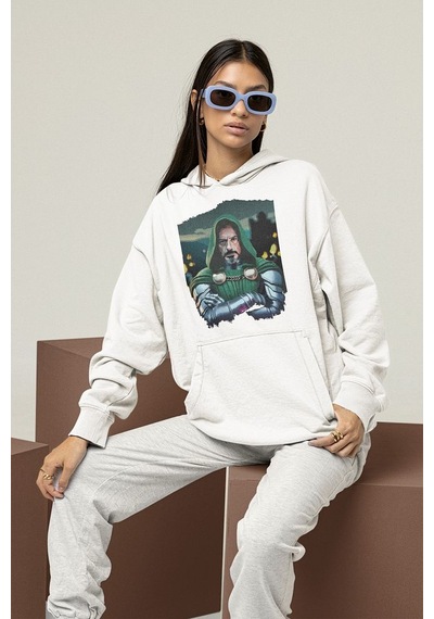 Sevbano 2026 Doctor Doomsday Baskılı Unisex Oversize Marvel Hoodie Beyaz