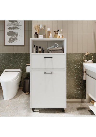 Çamaşır Sepetli Banyo Dolabı, Çok Amaçlı Çekmeceli Dolap 60 Cm Mat Beyaz