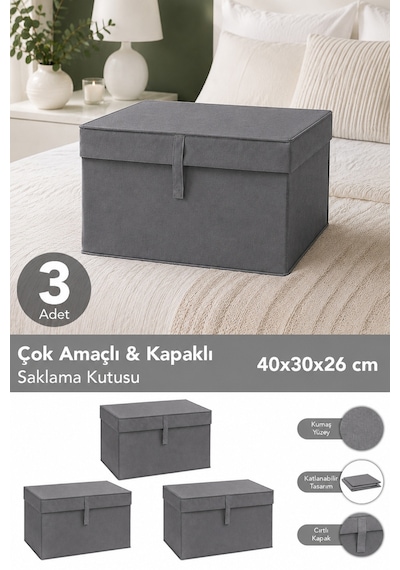 3'lü Mini Boy Hurç - Çok Amaçlı Organizer Kapaklı Saklama Kutusu 40x30x26cm Antrasit