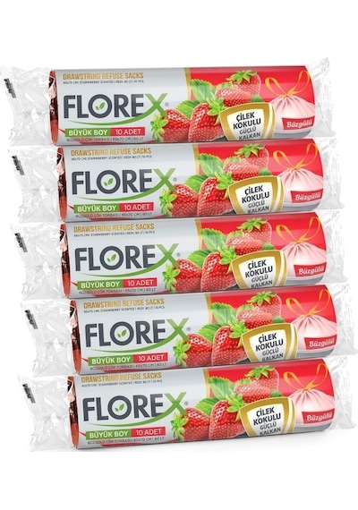 Şeylişeyler - Florex Büyük Boy Çöp Torbası Çilek Kokulu Büzgülü 65x70 10lu 1 Paket