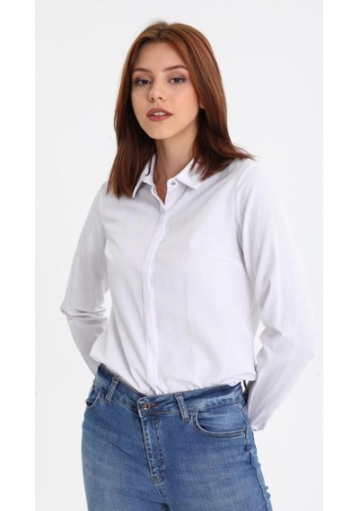 Pera Moda Kadın Pamuk Fitilli Uzun Kollu Basic Klasik Gömlek Beyaz