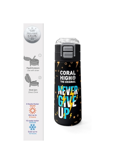 Coral High Kids Siyah Never Give Up Desenli Pipetli Ve Direkt İçim Çelik Termos 500 Ml 38120 Siyah - Sarı
