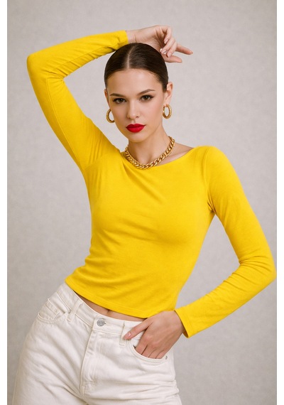 Wild Bee Kadın Sarı Kayık Yaka Uzun Kollu Bluz
