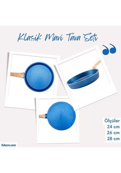 Febern Premium Bio Granit Alüminyum Döküm Nisch Tava Seti Klasik Mavi-açık Ahşap Kulp